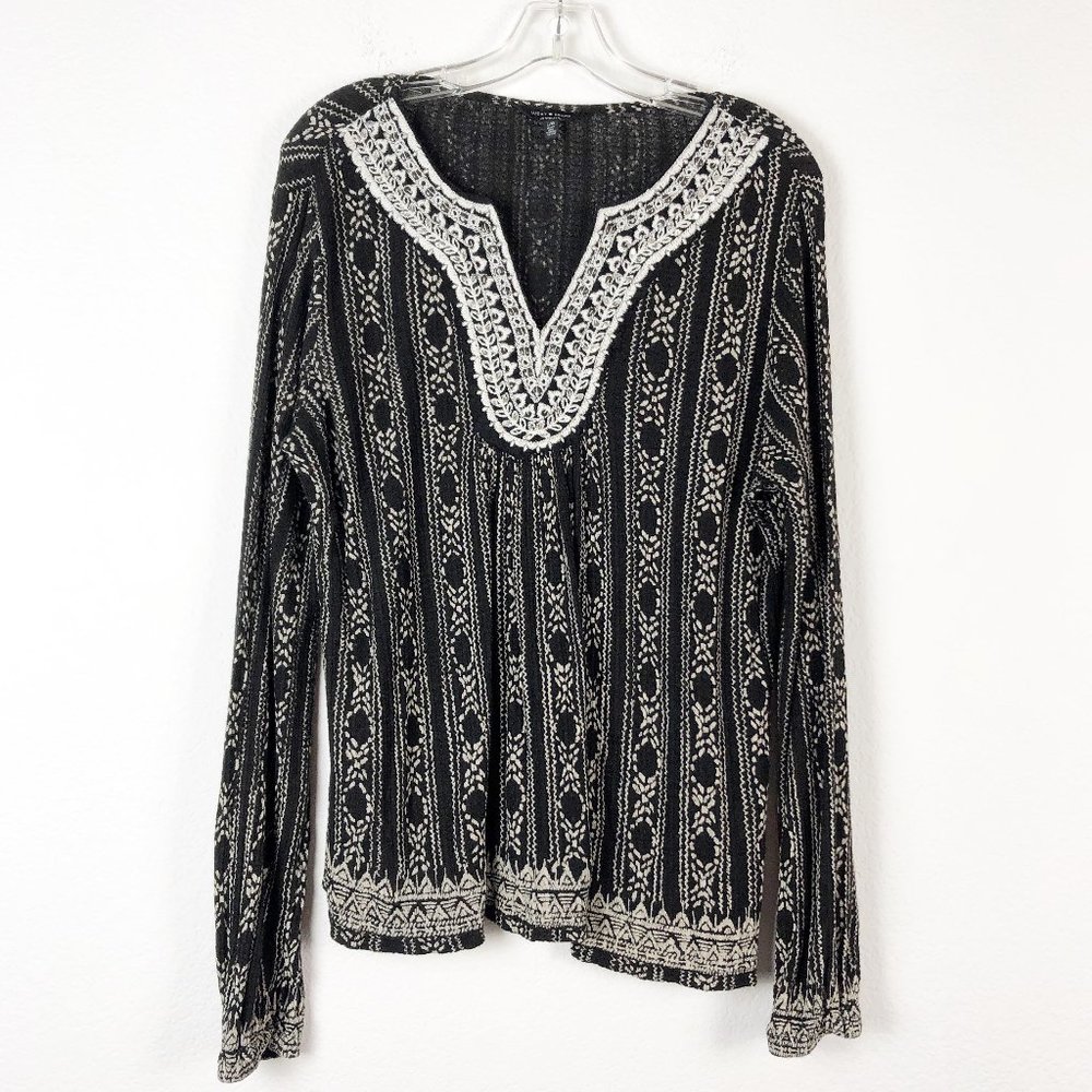 Lucky Brand Boho Casual  Black White Blouse Top